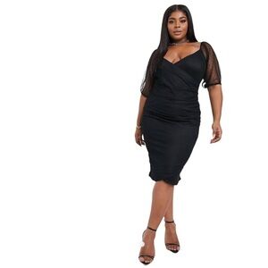 ASOS DESIGN | Dobby Mesh, Puffy Sleeve, Faux Wrap, Dress in Black